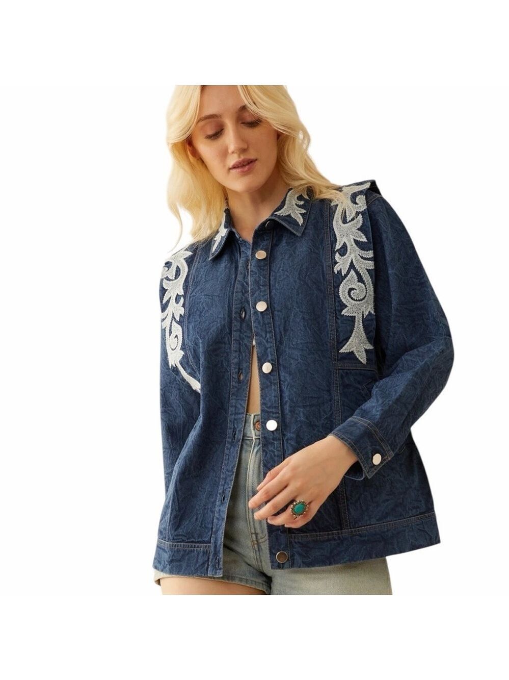 Bohera Brynleigh Embroidered Blue Jean Denim Jacket Pockets NWOT Size Medium
